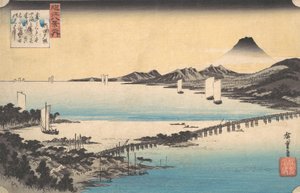 Seta no Sekisho. Sonnenuntergang, Seta. Biwa-See, ca. 1835 von Ando Hiroshige