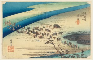 Shimada, Reisende überqueren den Oigawa, in Die dreiundfünfzig Stationen der Tokaido-Straße (Tokaido Gojusan Tsugi-no Uchi)