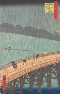 Plötzlicher Regenschauer über Shin-Ohashi-Brücke und Atake Ohashi Atake no yudachi, aus der Serie..., 1857