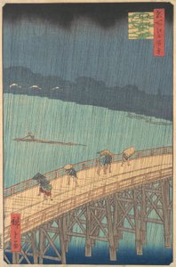 Plötzlicher Regenschauer über der Shin-Ohashi-Brücke und Atake Ohashi Atake no yudachi, aus der Serie..., 1857