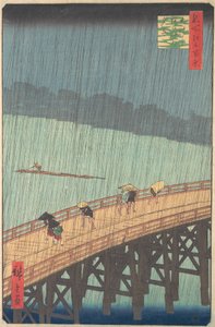 Plötzlicher Regenschauer über Shin-Ohashi-Brücke und Atake Ohashi Atake no yudachi, aus der Serie..., 1857