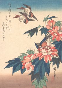 Schwalben und Eisvogel mit Rosenmalven, ca. 1838 von Ando Hiroshige