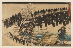Holzschnitt - Zwei Männer in einem Boot unter einer Brücke, 1797-1858 von Ando Hiroshige