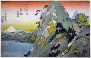 Geographie. Japan. Hakone-See (10. Station). Holzschnitt von Hiroshige in: Dreiundfünfzig Stationen des Tokaido (1833-1834). Postkarte, Japan, um 1900