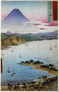 Geographie. Japan. Berg Fuji. Holzschnitt von Hiroshige in: Dreiundfünfzig Stationen des Tokaido (1833-1834). Postkarte, Japan, ca. 1900
