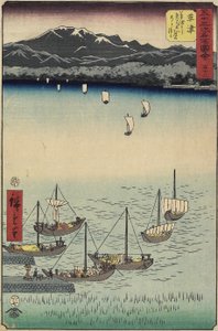 53, Segelboote am Yabase-Fährtor am Kusatsu-Strand, Kusatsu, 1855 von Ando or Utagawa Hiroshige