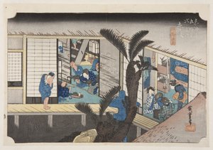 Akasaka: Gasthaus mit Dienerinnen (Farbholzschnitt)