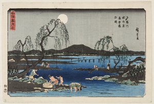 Fangen von Süßwasserfischen im Tama-Fluss unter dem Herbstmond