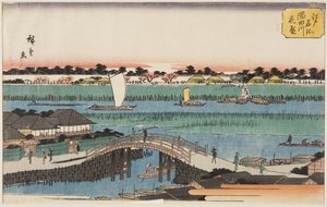 Kirschblüten in voller Blüte entlang des Sumida-Flusses von Ando or Utagawa Hiroshige