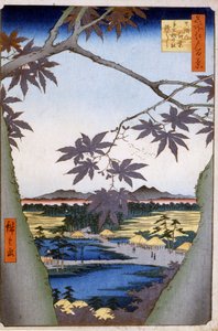 Ahornbäume zu Mama mit Tekona-Tempel und Tsugi-Brücke. 1857. Drucke von Katsushika (Utagawa) Hiroshige (1797-1858). von Ando or Utagawa Hiroshige