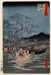 Silvester-Fuchsfeuer am Brennnesselbaum, Oji", aus der Serie "Hundert berühmte Ansichten von Edo" von Ando or Utagawa Hiroshige