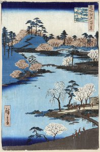 Offener Garten am Fukagawa Hachiman-Schrein, Edo, Japan, Holzschnitt von Ando Hiroshige