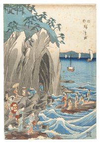 Pilgerfahrt zur Ausstellung der Benzaiten-Statue im Hauptschrein von Iwaya in der Provinz Sagami (Holzschnitt auf Papier) von Ando or Utagawa Hiroshige