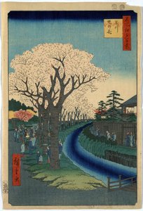 Druck zeigt Touristen, die Kirschblüten entlang des Ufers des Tama-Flusses in Edo betrachten, Holzschnitt von Ando Hiroshige