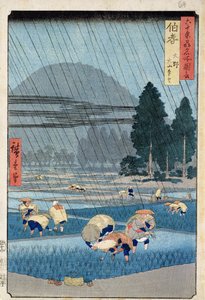 Reispflanzung in der Provinz Hoki mit Blick auf O-Yama von Ando or Utagawa Hiroshige
