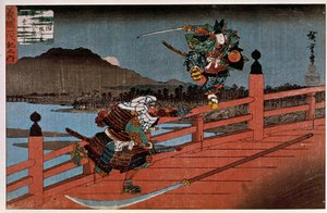 Samurai-Schlacht, japanischer Druck von Hiroshige Utagawa (1797-1858). 19. Jahrhundert. Paris, Guimet Museum, Nationalmuseum für asiatische Kunst von Ando or Utagawa Hiroshige