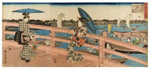 Abendrot an der Ryogoku-Brücke aus der Serie Acht Ansichten berühmter Orte in Edo (Holzschnitt auf Papier) von Ando or Utagawa Hiroshige