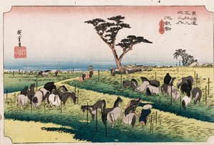 „Der Pferdemarkt im vierten Monat in Chiryu“, aus der Serie „Die dreiundfünfzig Stationen des Tokaido“, ca. 1834