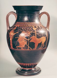Attische rotfigurige Bauchamphore, die Herakles bei der Gefangennahme von Kerberus zeigt, griechisch, aus Athen, 6. Jahrhundert v. Chr. von Andokides Painter