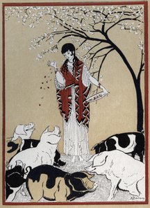 Odyssee von Homer: Die Hexe Circe und die Gefährten des Odysseus, die in Schweine verwandelt wurden. Illustration von Andre Bonamy (1880-1943) in „Le retour d