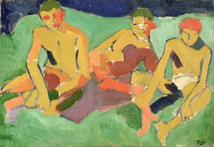 Drei Figuren auf Gras sitzend