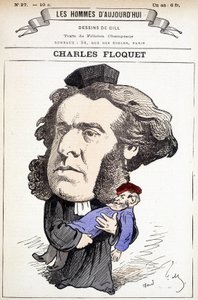Karikatur von Charles Floquet (1828-1896), Anwalt und Präsident des Rates zwischen 1888 und 1889. Er verwundete General Boulanger in einem Duell, dessen Ideen er bekämpfte. Zeichnung von Gill in „Die Männer von heute“.