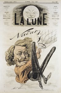 Karikatur von Felix Nadar, Pionier der Luftbildfotografie 1858, hier hängend von seinem Ballon von Andre Gill