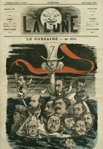 Illustration der Zeitung „Le Corsaire“ und ihrer Kolumnisten. Karikatur von Gill, in „La Lune“, 24. November