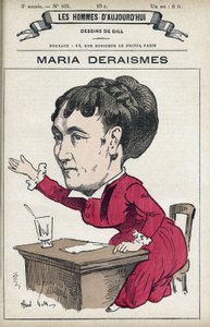 Porträt von Maria Deraismes (1828-1894), eine französische Schriftstellerin und Feministin, sie gründete zusammen mit Leon Richer, Louise Michel und Paule Minck die Association pour le droit des femmes im Jahr 1869. Karikatur von Gill, Paris