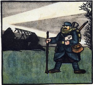 Erster Weltkrieg 1914-1918: Haarig. Porträt eines französischen Soldaten in Militäruniform mit Rucksack, Tasche und Gewehr. Gravur in „Alphabet des Großen Krieges 1914-1916 (für die Kinder unserer Soldaten)“. Editions Berger-Levrault