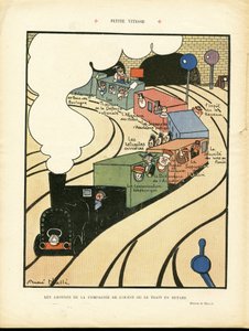 Illustration von Andre Helle (1875-1945) in Le Rire, 25/01/08 - Kleine Geschwindigkeit - Transport, Zug, Eisenbahn, Westliche Gesellschaft von Andre Helle