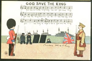Postkarte, satirisch in Farben: God save de king - Krieg von 14 -18, England Großbritannien, Singende Soldaten Illustration von Andre Helle (1875-1945)
