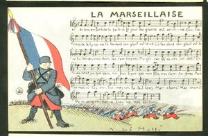 Postkarte, satirisch in Farben: La Marseillaise - Krieg von 14-18, Marseillaise, singende Illustration von Andre Helle (1875-1945)