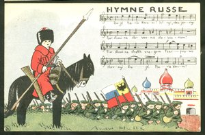 Postkarte, Satirisch in Farben: Russische Hymne - Krieg von 14-18, Russland, Gesang - Soldaten Illustration von Andre Helle (1875-1945)