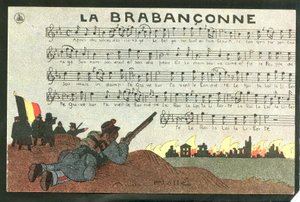 Postkarte, Satirisch in Farben, circa 1915: La brabanconne - Krieg von 14 -18, Belgien, Gesang - Soldaten Illustration von Andre Helle