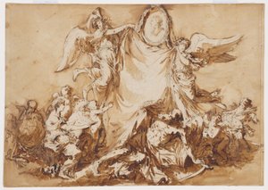 Eine Allegorie der Künste, die die Zeit besiegen, überragt von einem Medaillonporträt von König Stanislaus August von Polen als Kunstmäzen von Andre Jean Lebrun