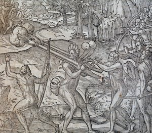 Schlacht zwischen Eingeborenen in Kanada, Stich aus Cosmographie Universelle, von Andre Thevet, Paris 1575 von Andre Thevet