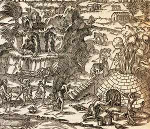Indische Sklaven arbeiten in einer Mine auf Kuba, Illustration aus der Kosmographie von Andre Thevet