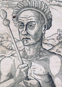 König Quoniambec, Brasilien, Gravur aus Universal Cosmology, von Andre Thevet, Paris von Andre Thevet