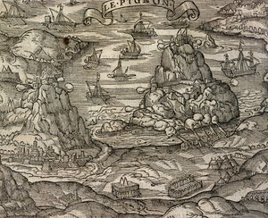 Seeschlacht bei der Insel Le Pignon, Stich aus Cosmographie universelle, von Andre Thevet (1504-1592), Paris von Andre Thevet
