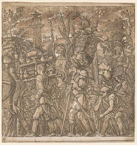 Der Triumph von Julius Caesar: Soldaten tragen Vasen und Kriegstrophäen von Andrea Andreani