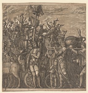Der Triumph von Julius Caesar: Soldaten marschieren mit Kriegstrophäen