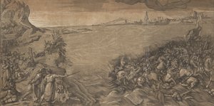 Die Überquerung des Roten Meeres, Moses steht links und zeigt auf die untergehende Armee..., 1589 von Andrea Andreani