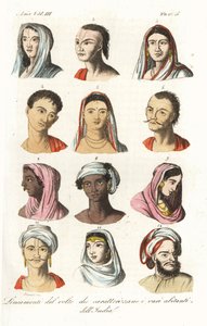 Porträts verschiedener indischer Kasten: Brahmanen, Kshatriyas oder Khatri, Punjabi-Handelskaste, Vaisyas, Sudras, Hindus von Oberindien und Mughals. Handkolorierter Kupferstich von Andrea Bernieri nach François Solvyns von Andrea Bernieri