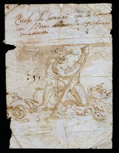 Entwurfsskizze für einen Vasenständer, Basis darstellend Herkules mit Hydra und Cerberus, Andrea Brustolon (1662-1732), Aquarellstift auf weißem Papier, Italien