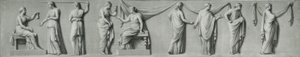 Ein Grisaille-Panel, das eine weibliche Prozession mit Tränenkrügen darstellt