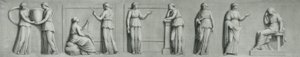 Ein Grisaille-Panel, das weibliche Figuren einschließlich Musen darstellt