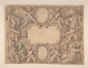 Eine Kartusche und zwei Schilde umgeben von allegorischen Figuren, 1570-1631