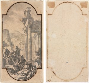 Figuren in der Nähe der Ruinen eines korinthischen Tempels (recto); Fragment eines Bogens (Nachzeichnung von recto) (verso) von Andrea Locatelli
