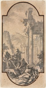 Figuren in der Nähe der Ruinen eines korinthischen Tempels recto, Fragment eines Bogens tracing von recto verso von Andrea Locatelli
